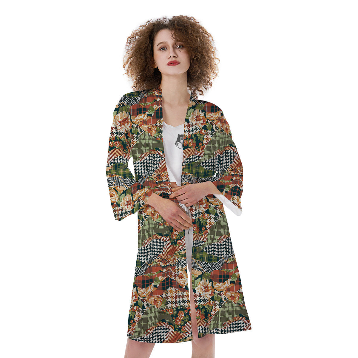 Mix Houndstooth Tartan Print Pattern Kimono-grizzshop