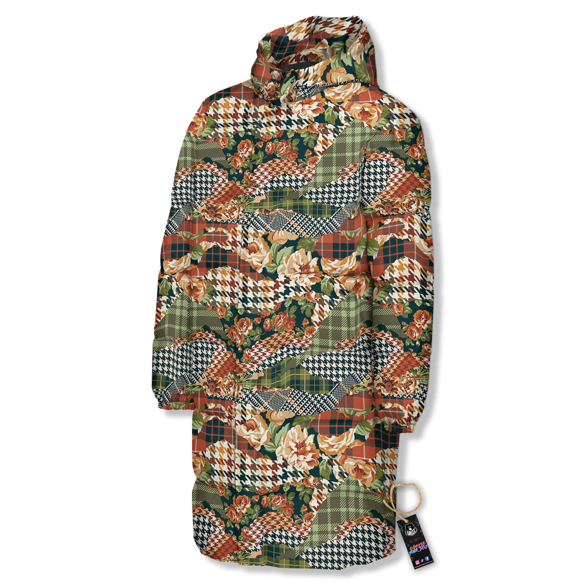 Mix Houndstooth Tartan Print Pattern Long Down Jacket-grizzshop