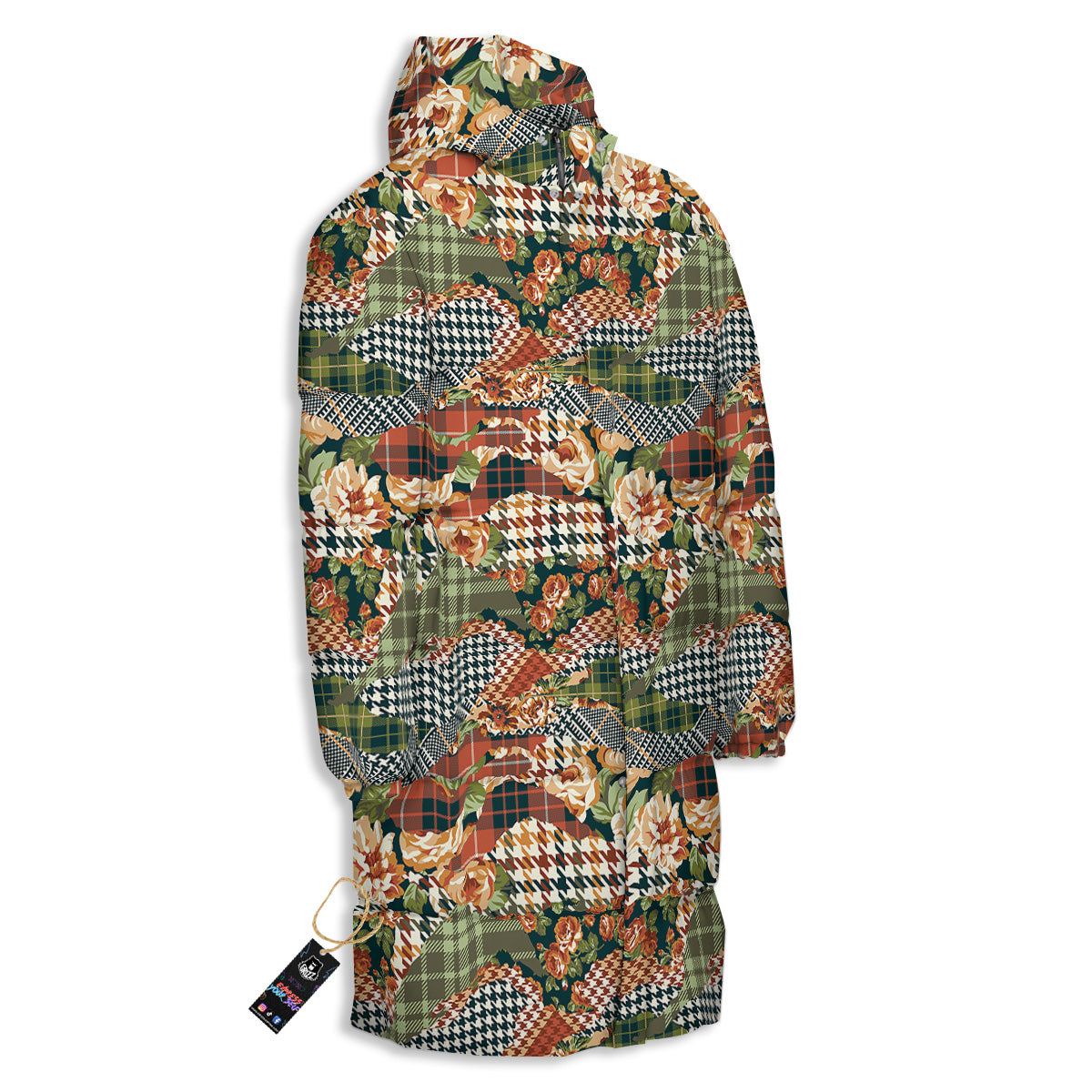 Mix Houndstooth Tartan Print Pattern Long Down Jacket-grizzshop