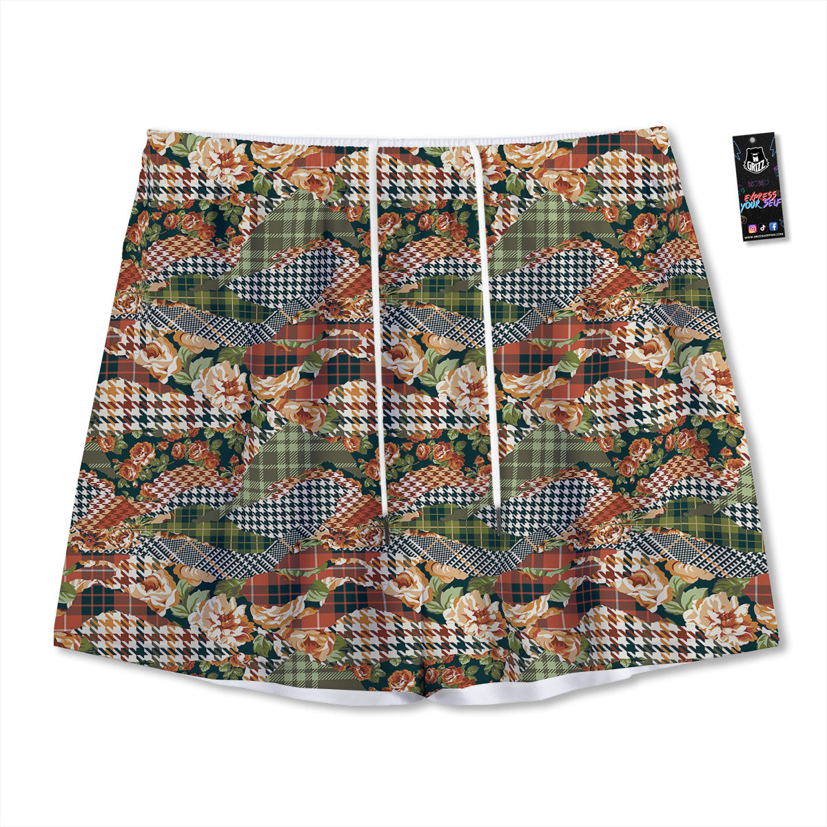 Orange Green And White Argyle Print Mesh Shorts