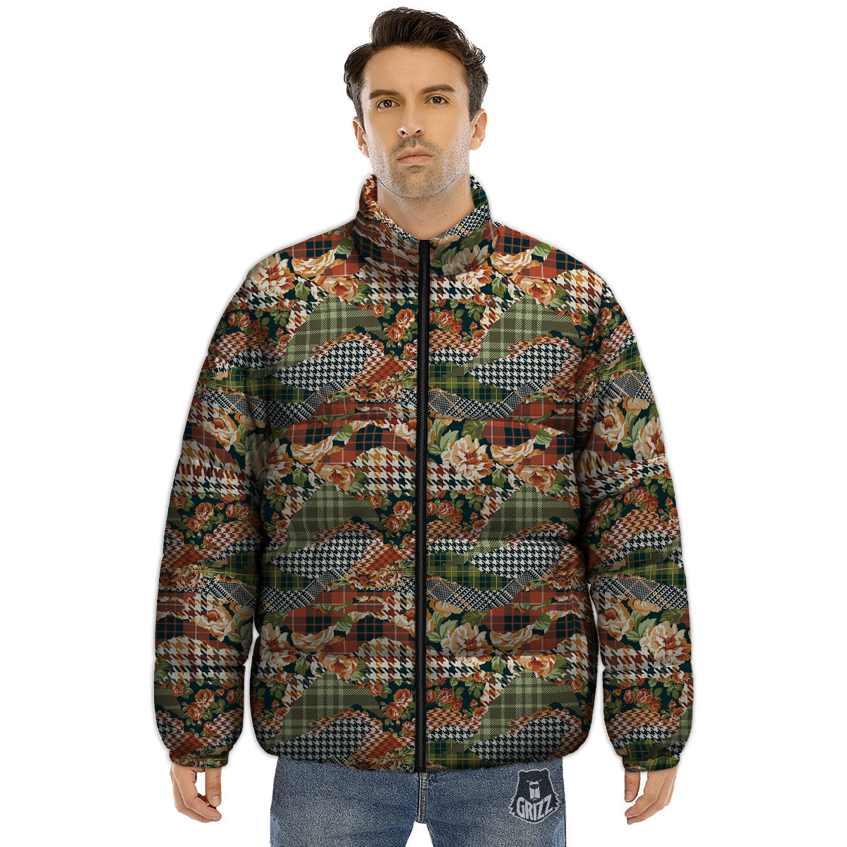 Mix Houndstooth Tartan Print Pattern Puffer Jacket-grizzshop