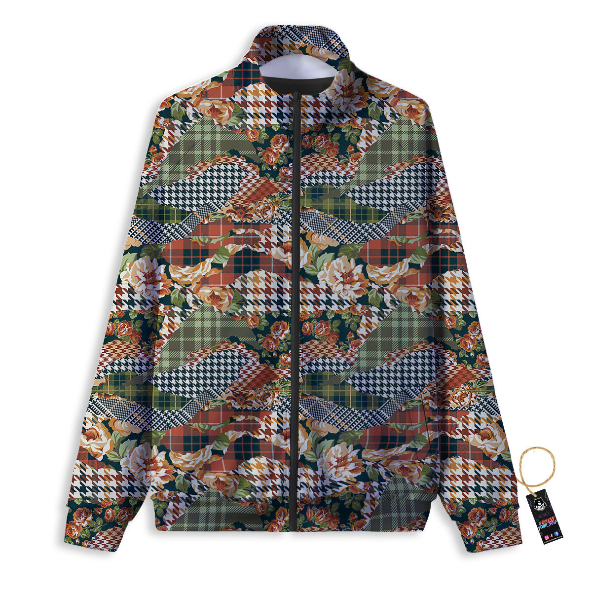 Mix Houndstooth Tartan Print Pattern Track Jacket-grizzshop