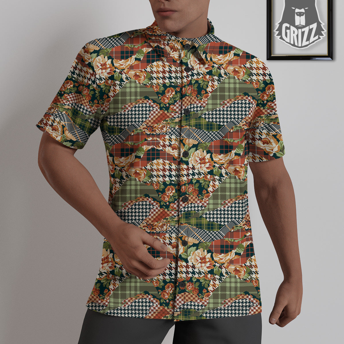 Mix Houndstooth Tartan Print Pattern Untucked Shirts-grizzshop