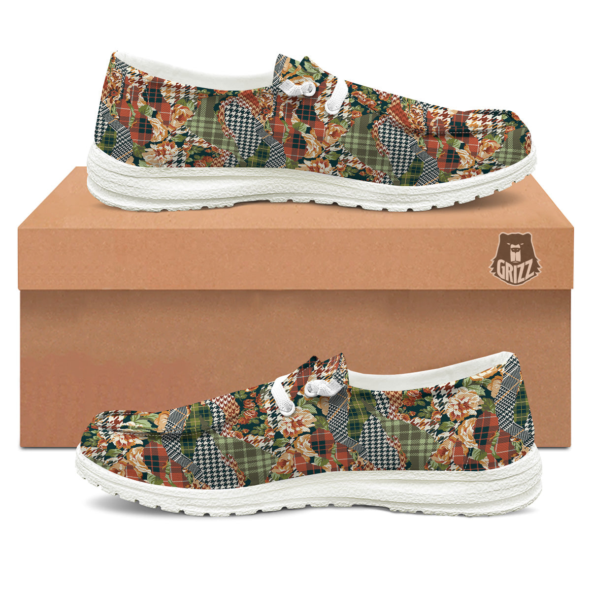 Mix Houndstooth Tartan Print Pattern White Loafers-grizzshop