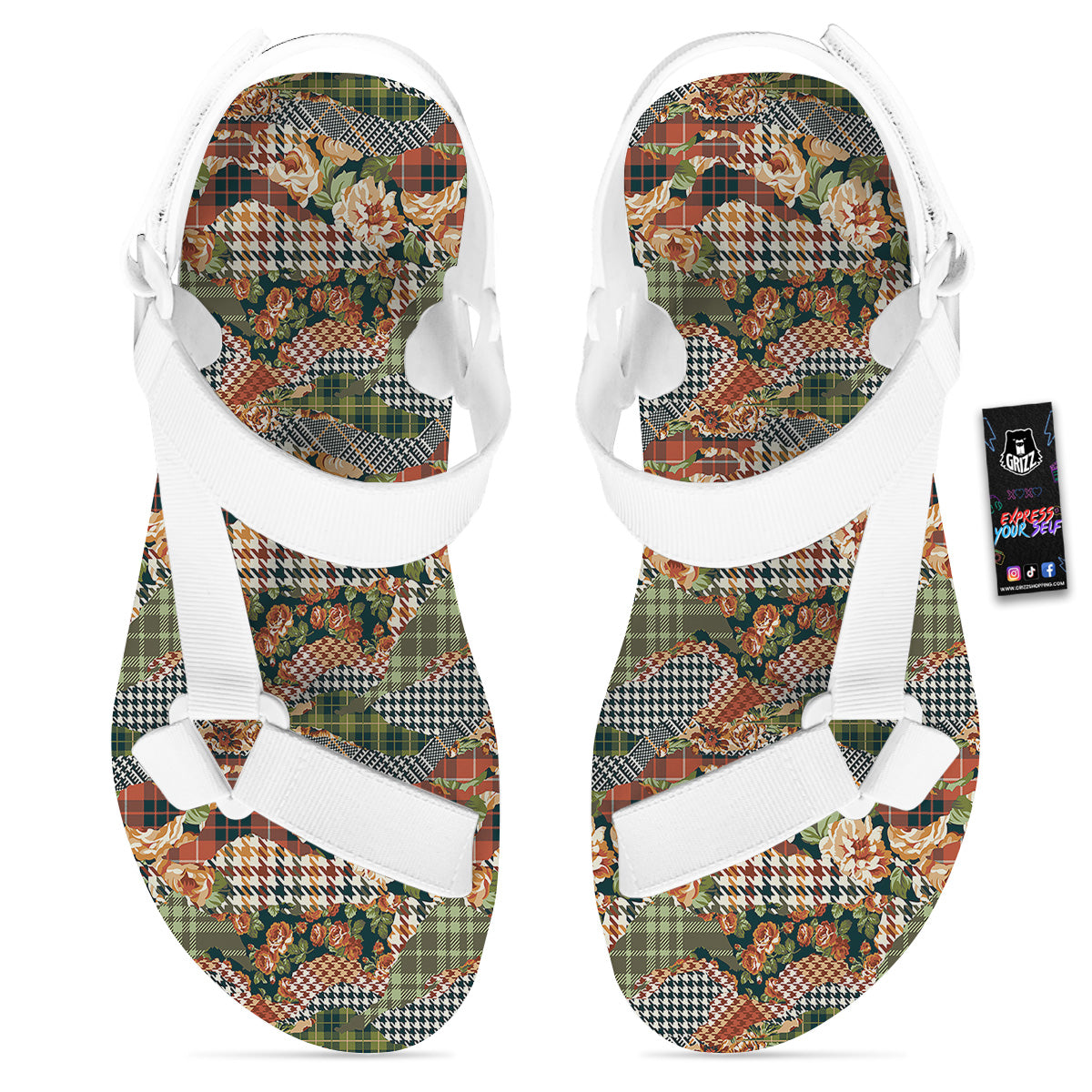 Mix Houndstooth Tartan Print Pattern White Open Toe Sandals-grizzshop
