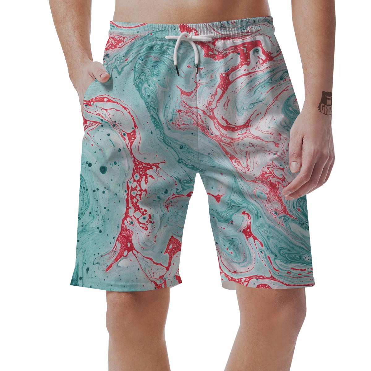 Mixed Red and Turquoise Marble Men's Shorts-grizzshop