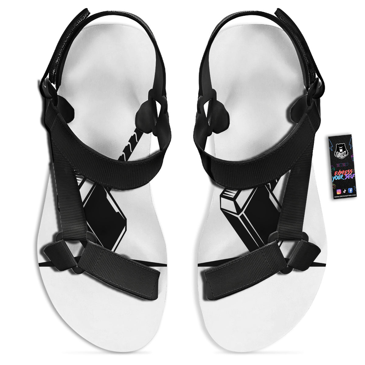 Mjolnir Hammer Of Thor Print Black Open Toe Sandals-grizzshop