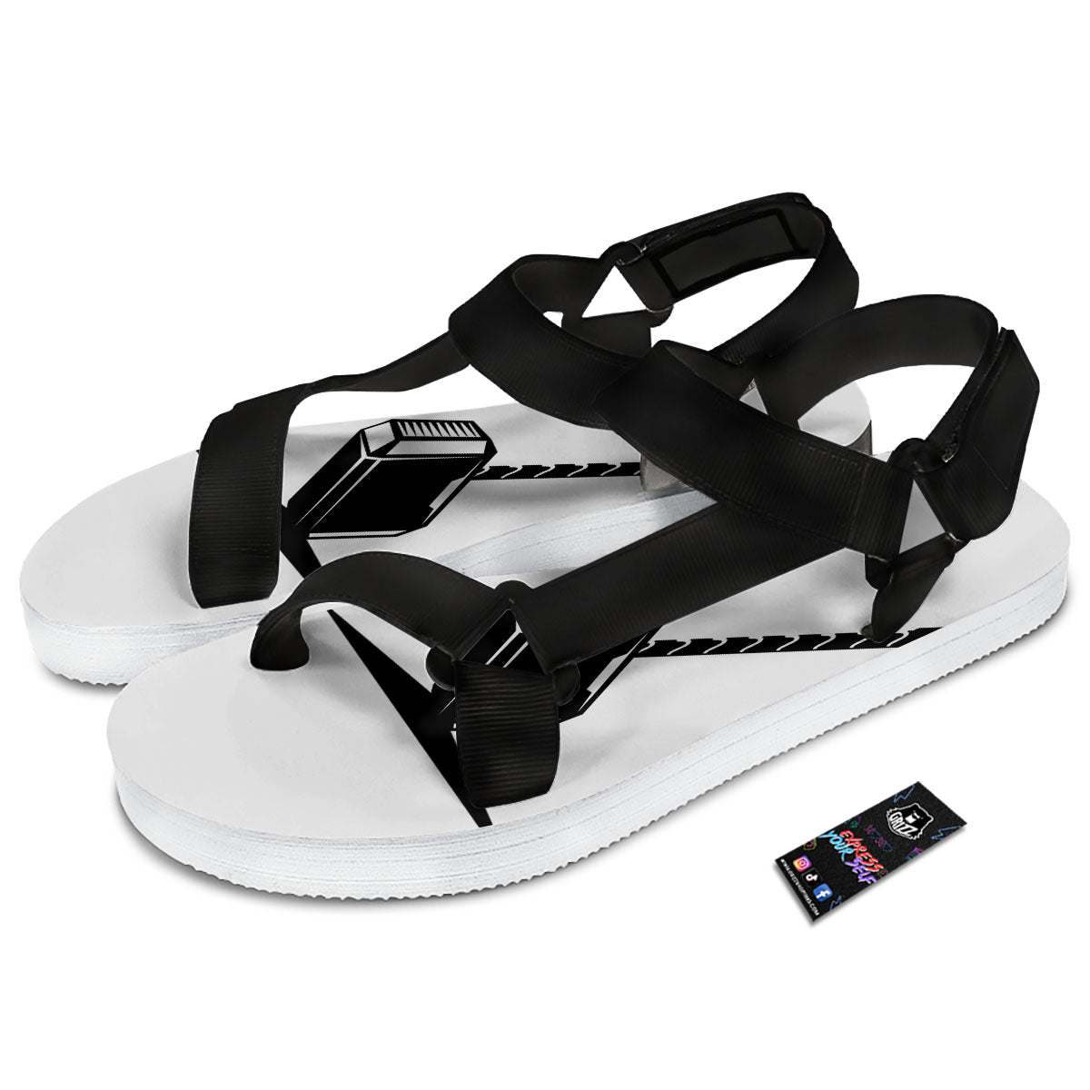 Mjolnir Hammer Of Thor Print Black Open Toe Sandals-grizzshop