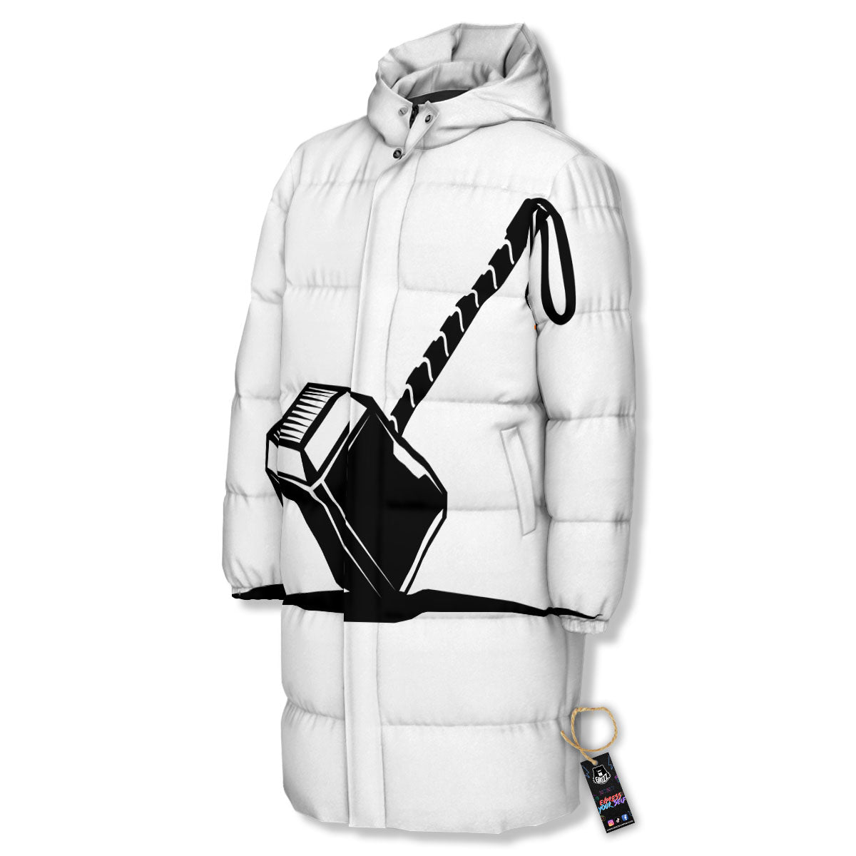 Mjolnir Hammer Of Thor Print Long Down Jacket-grizzshop