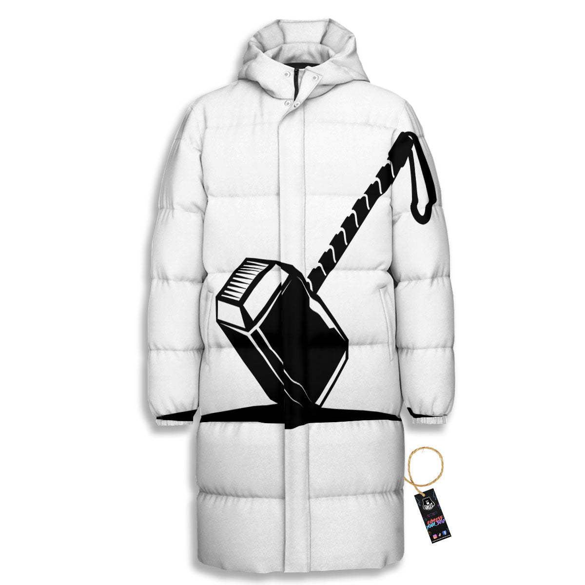 Mjolnir Hammer Of Thor Print Long Down Jacket-grizzshop