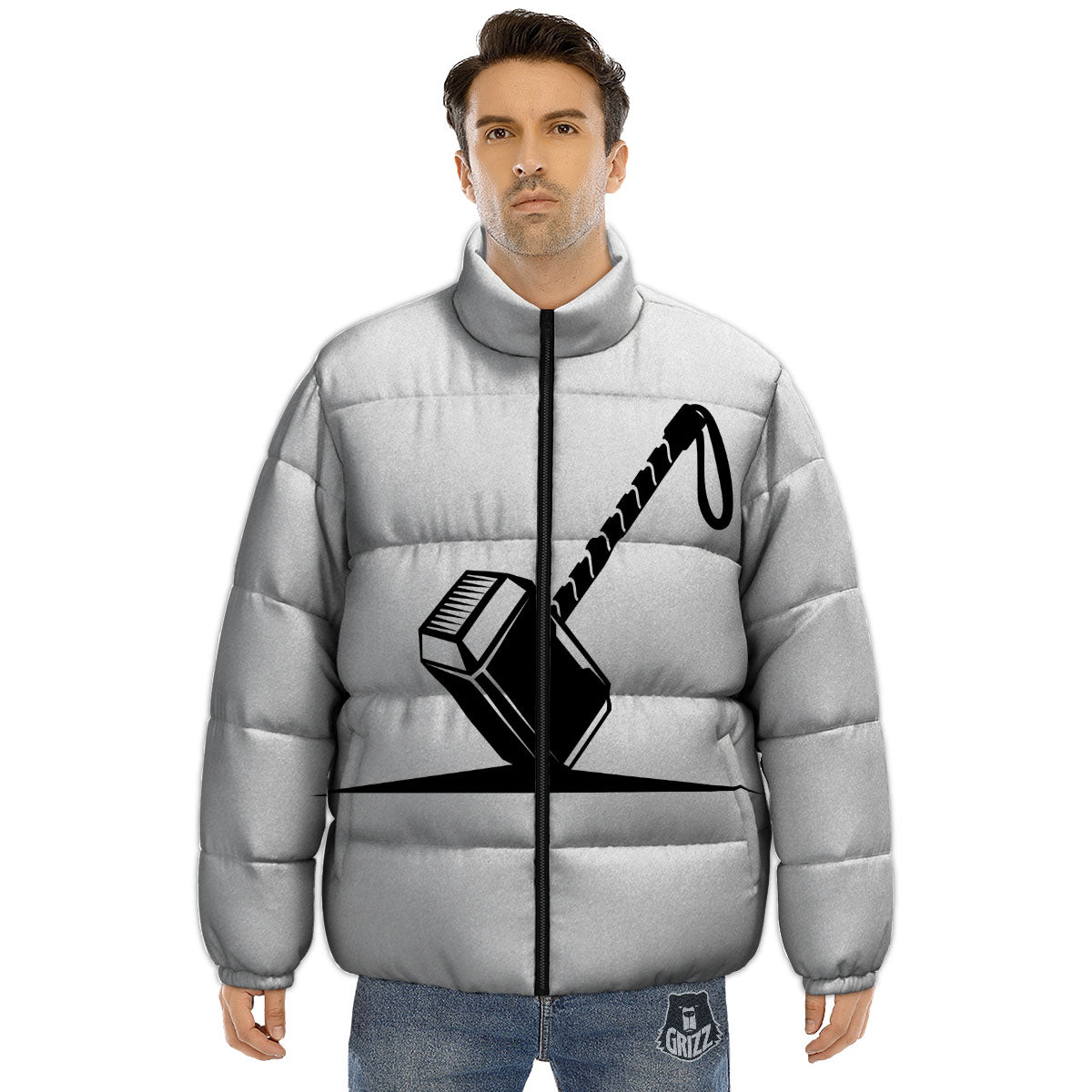 Mjolnir Hammer Of Thor Print Puffer Jacket-grizzshop