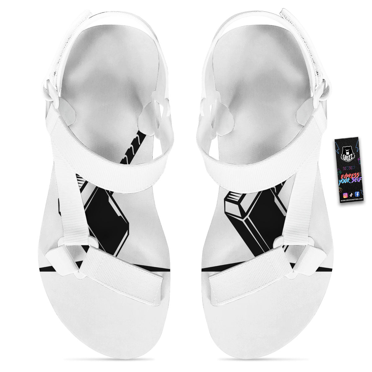 Mjolnir Hammer Of Thor Print White Open Toe Sandals-grizzshop