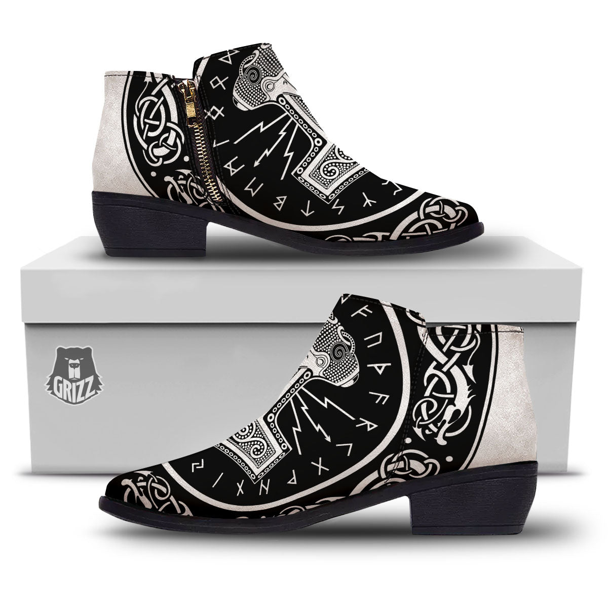Mjolnir White And Black Print Ankle Boots-grizzshop