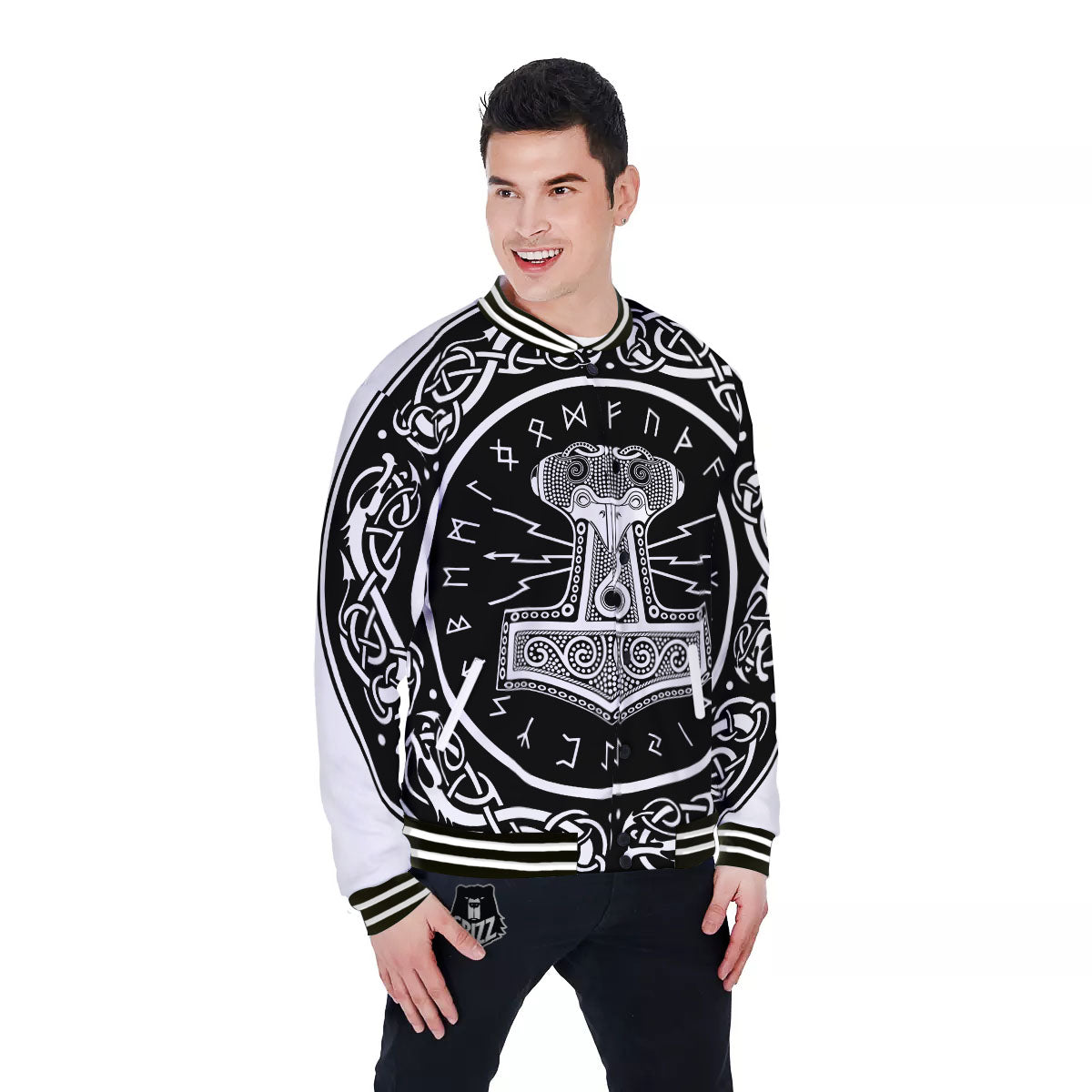 Mjolnir White And Black Print Baseball Jacket-grizzshop