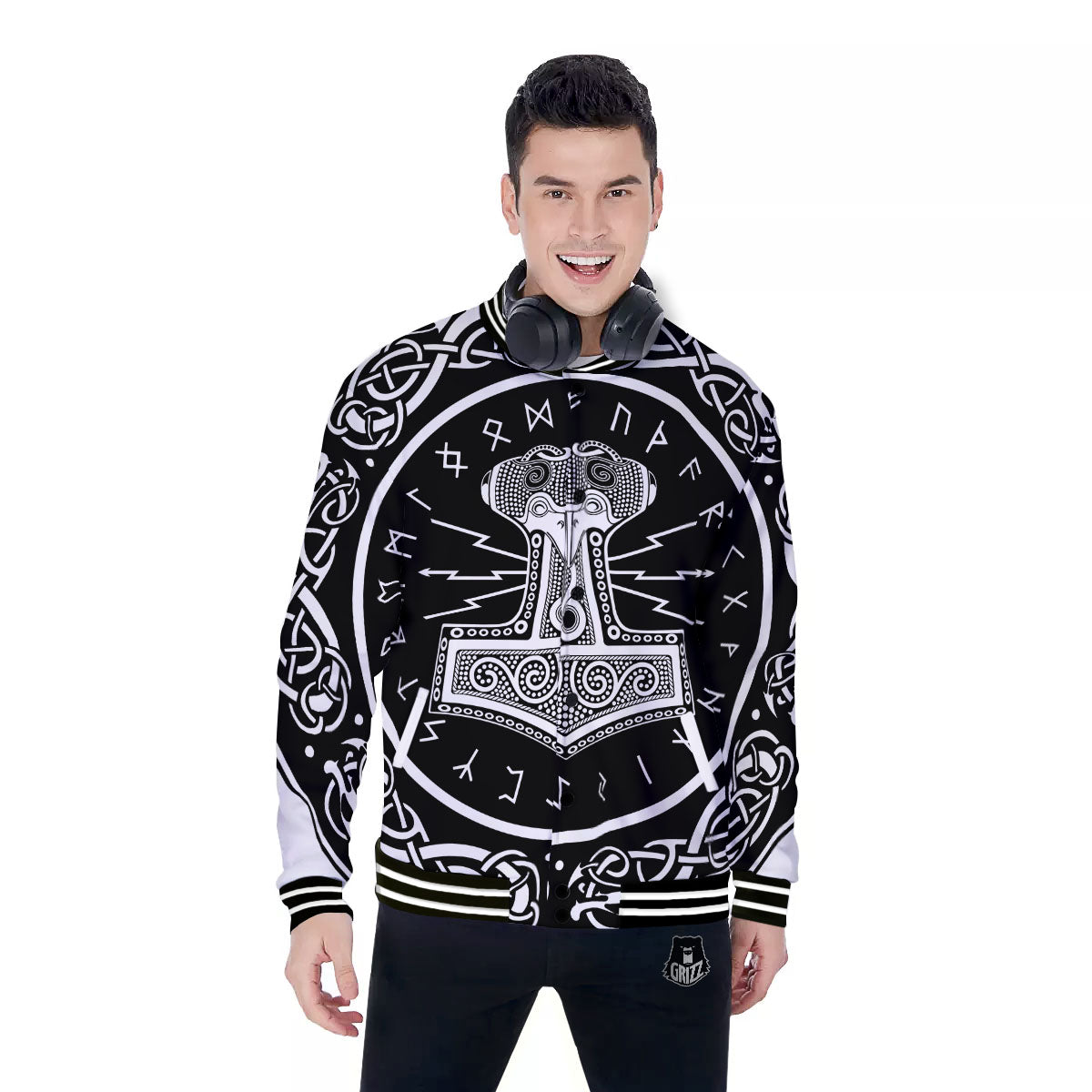 Mjolnir White And Black Print Baseball Jacket-grizzshop