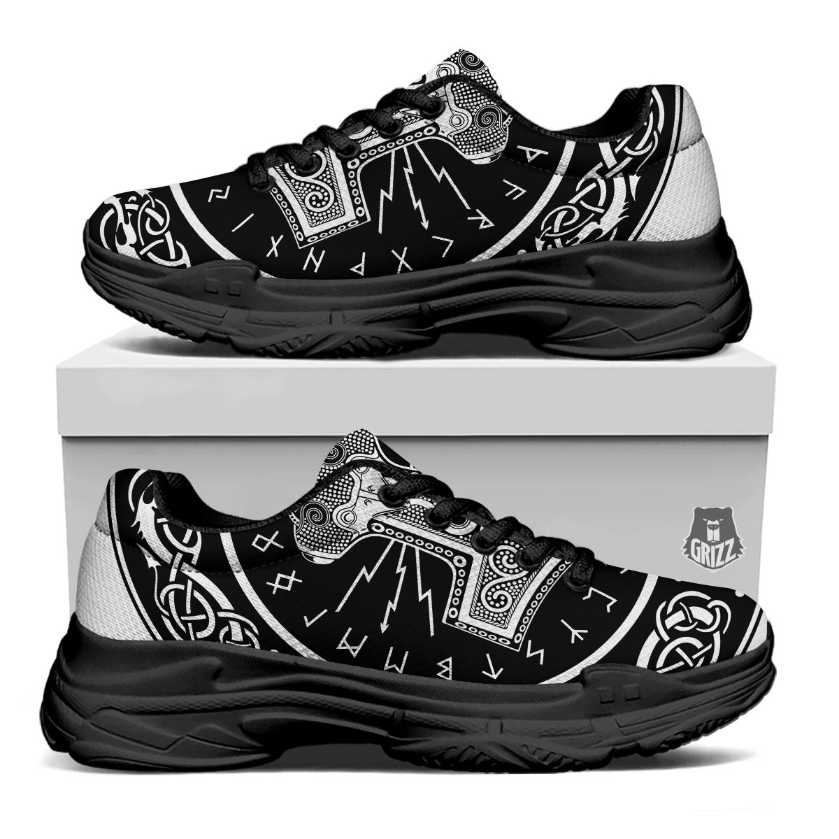 Mjolnir White And Black Print Black Chunky Shoes-grizzshop
