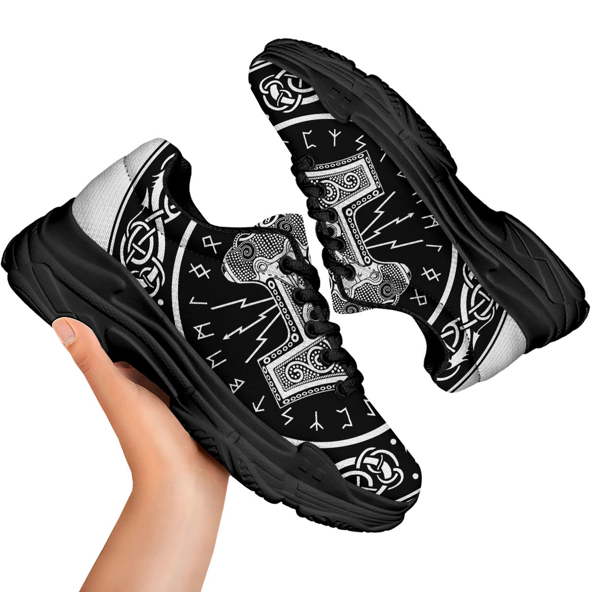 Mjolnir White And Black Print Black Chunky Shoes-grizzshop