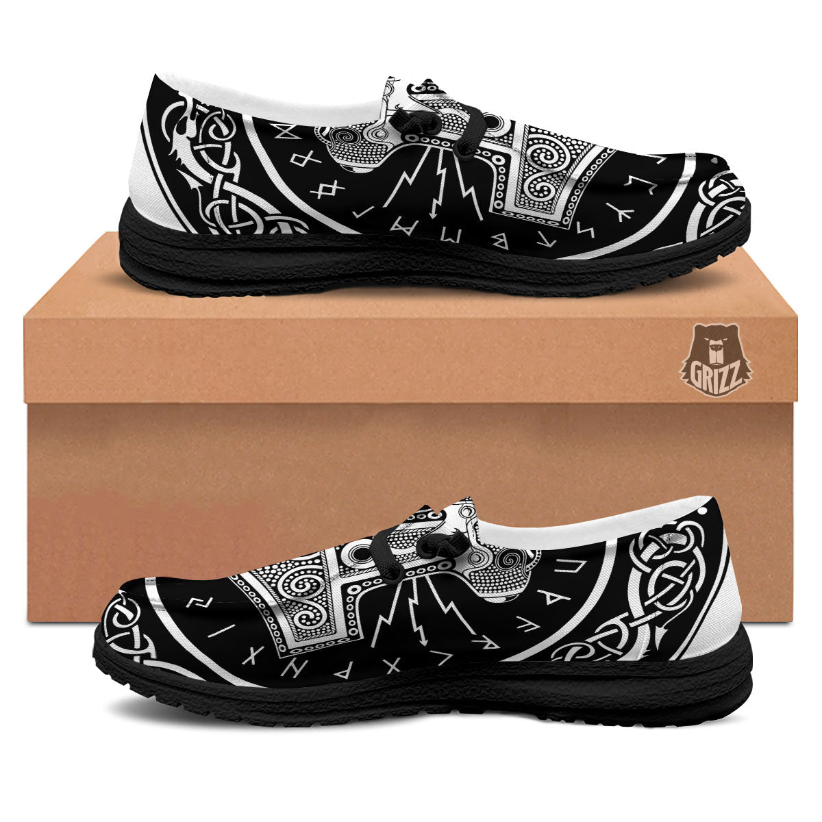 Mjolnir White And Black Print Black Loafers-grizzshop