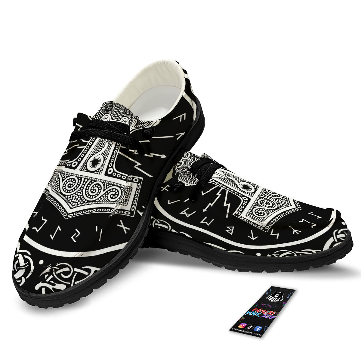 Mjolnir White And Black Print Black Loafers-grizzshop