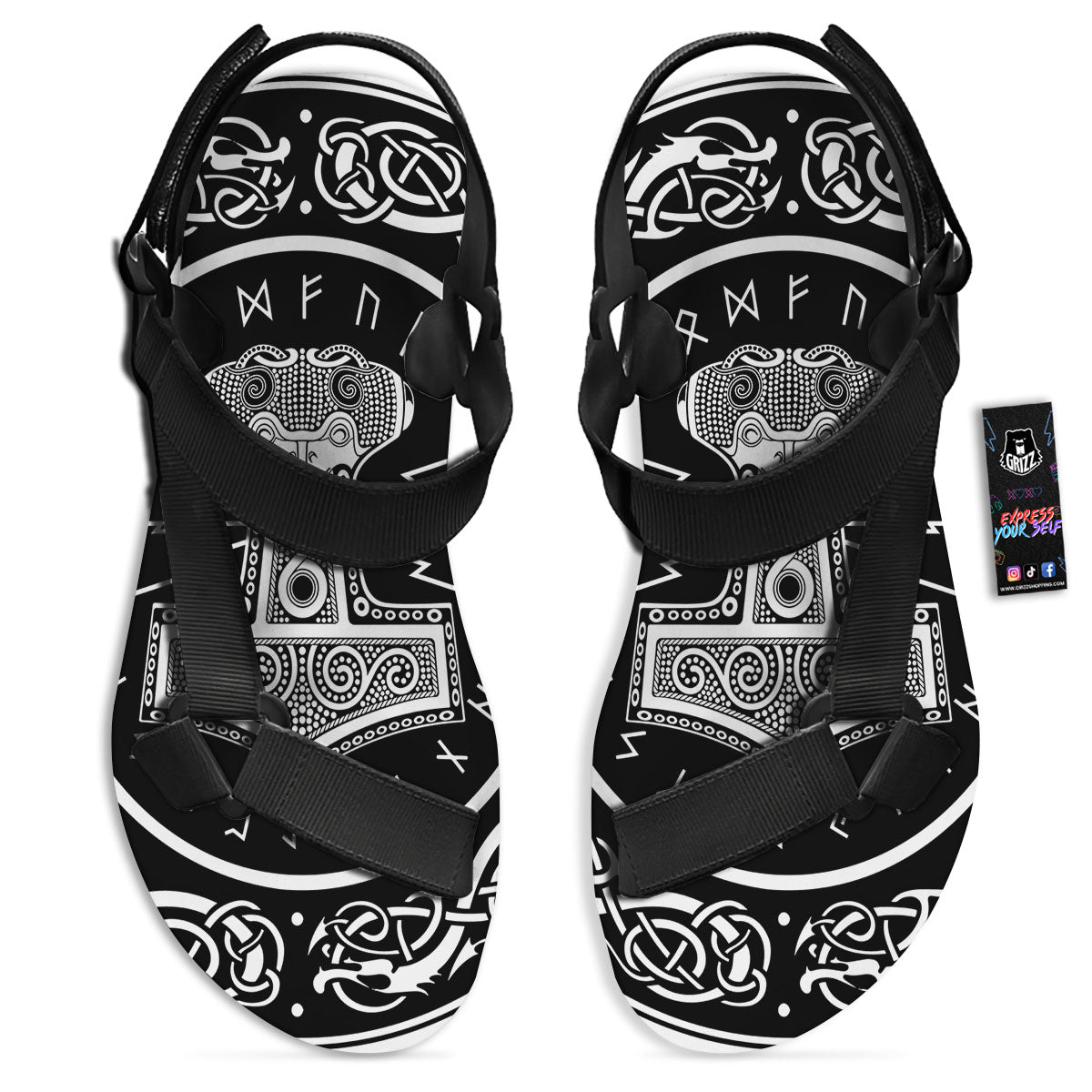 Mjolnir White And Black Print Black Open Toe Sandals-grizzshop