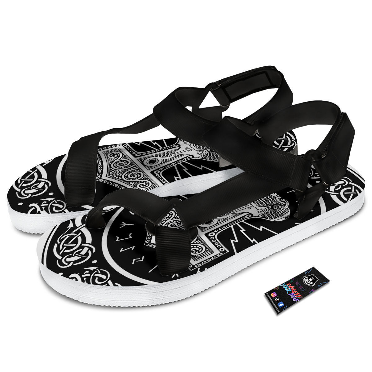 Mjolnir White And Black Print Black Open Toe Sandals-grizzshop