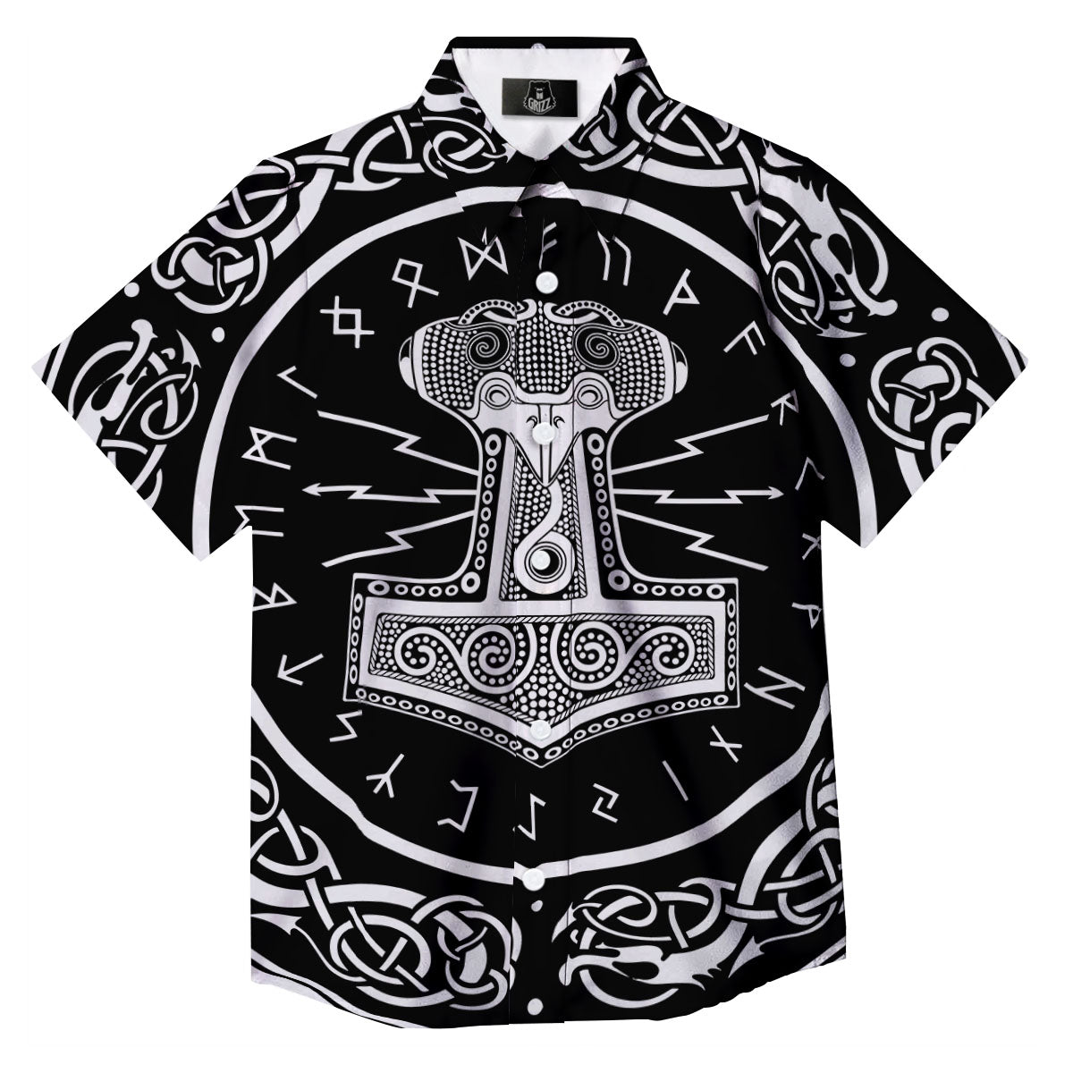 Mjolnir White And Black Print Button Up Shirt-grizzshop