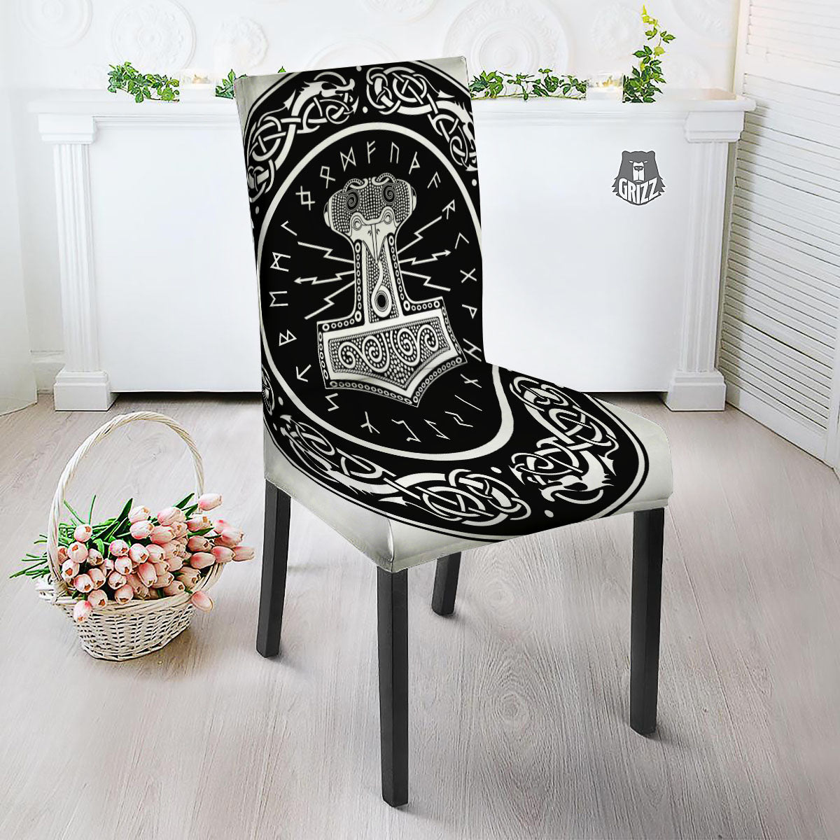 Mjolnir White And Black Print Dining Chair Slipcover-grizzshop