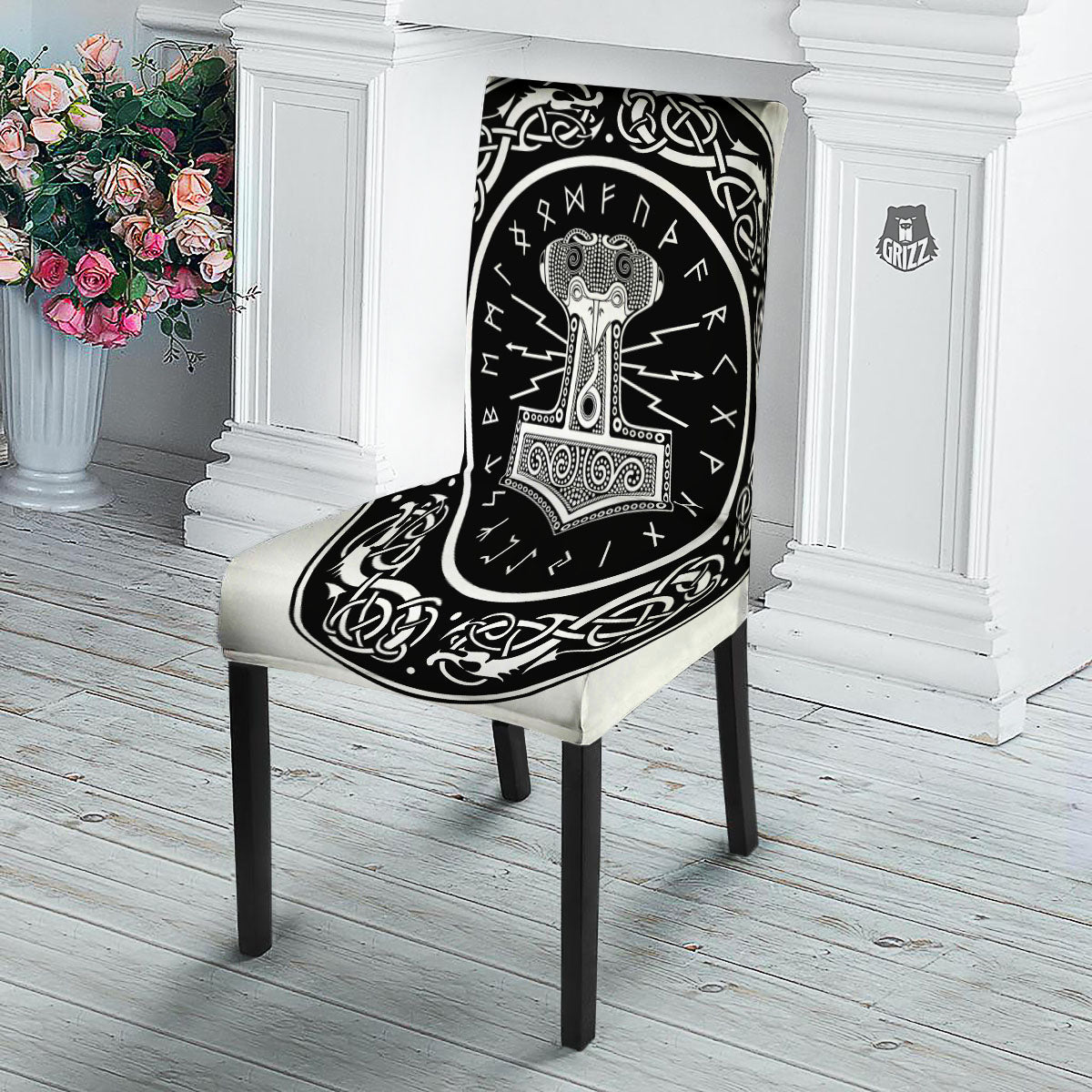 Mjolnir White And Black Print Dining Chair Slipcover-grizzshop