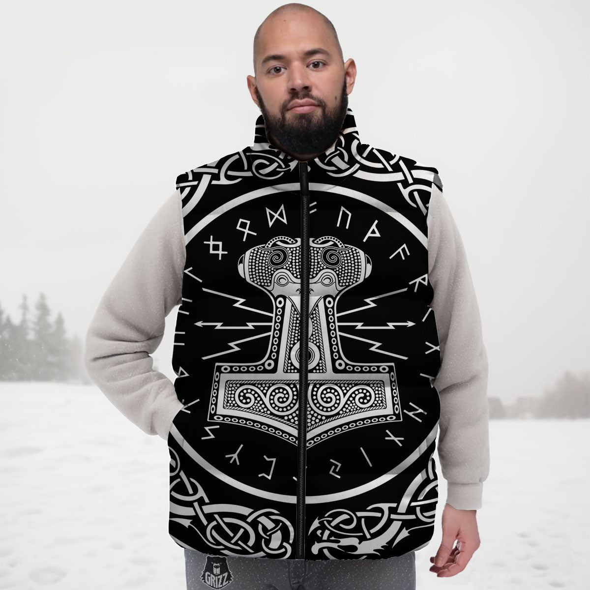 Mjolnir White And Black Print Down Vest
