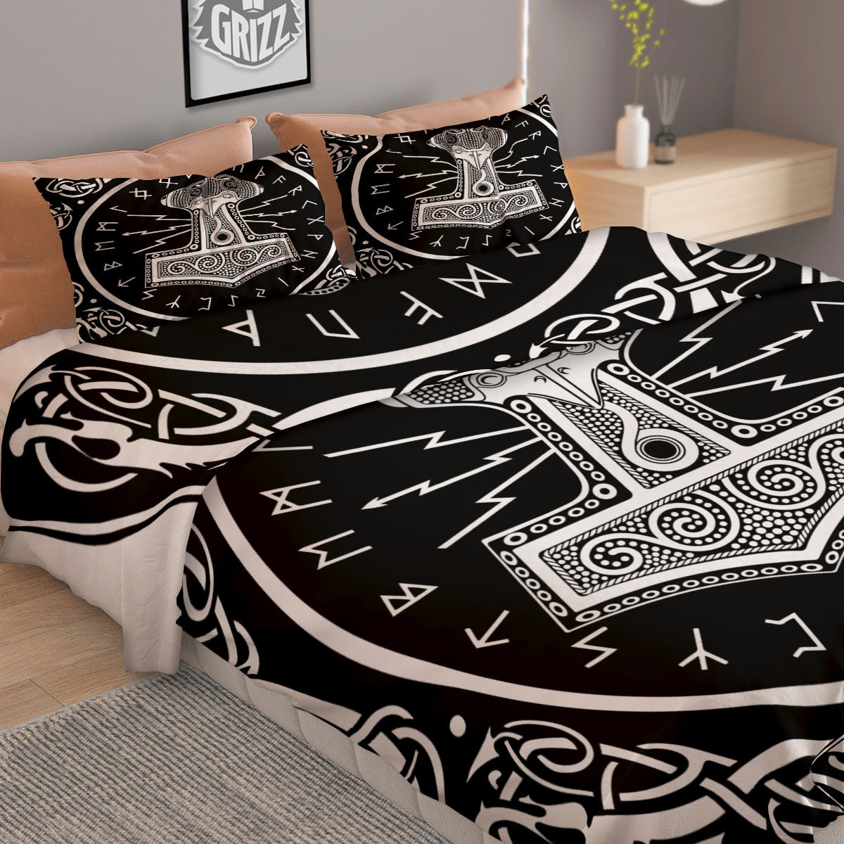 Mjolnir White And Black Print Duvet Cover Bedding Set