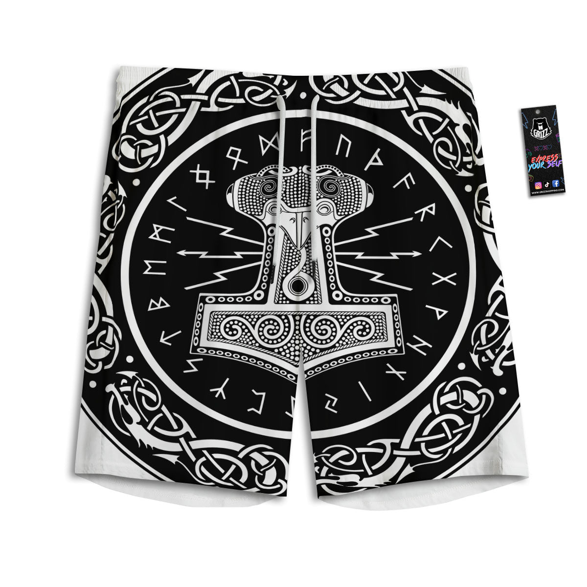 Mjolnir White And Black Print Men's Athletic Shorts