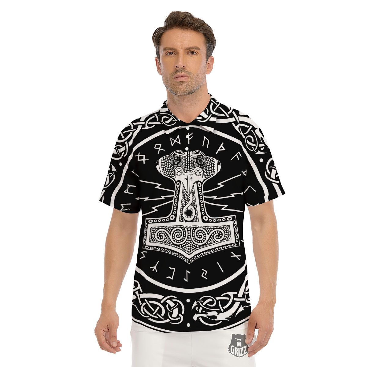 Mjolnir White And Black Print Men's Golf Shirts-grizzshop