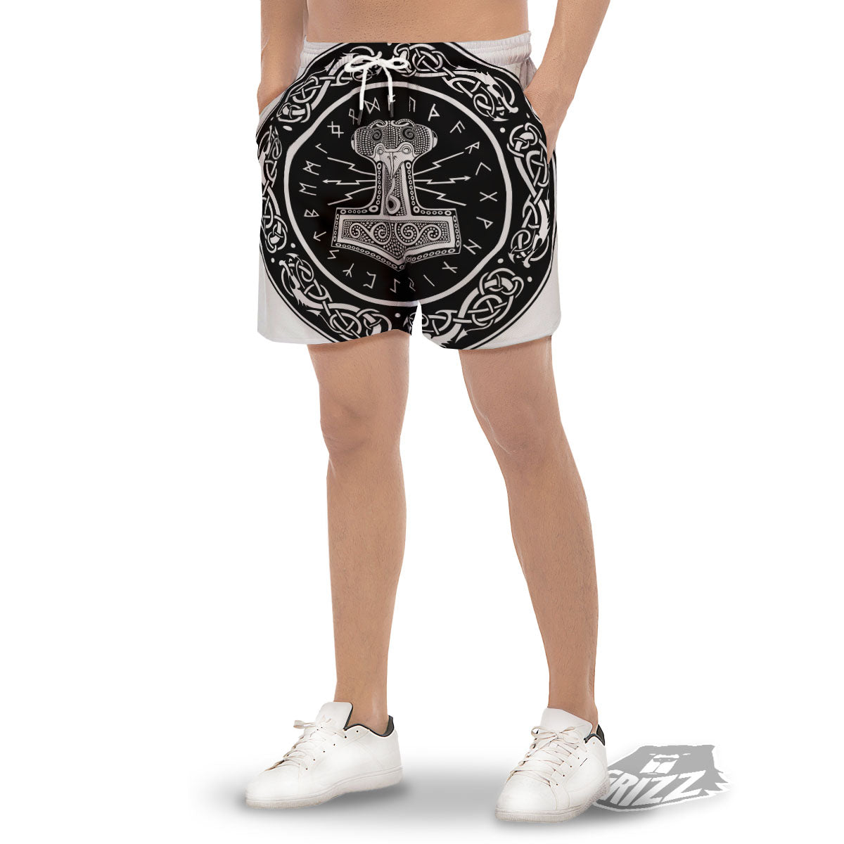 Mjolnir White And Black Print Men's Gym Shorts-grizzshop