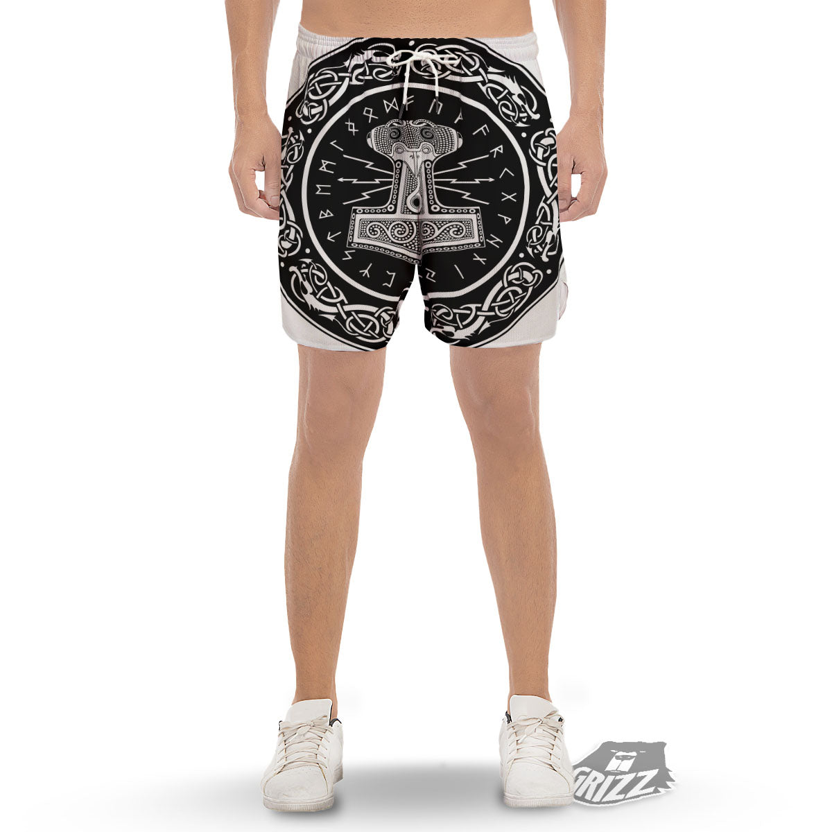 Mjolnir White And Black Print Men's Gym Shorts-grizzshop
