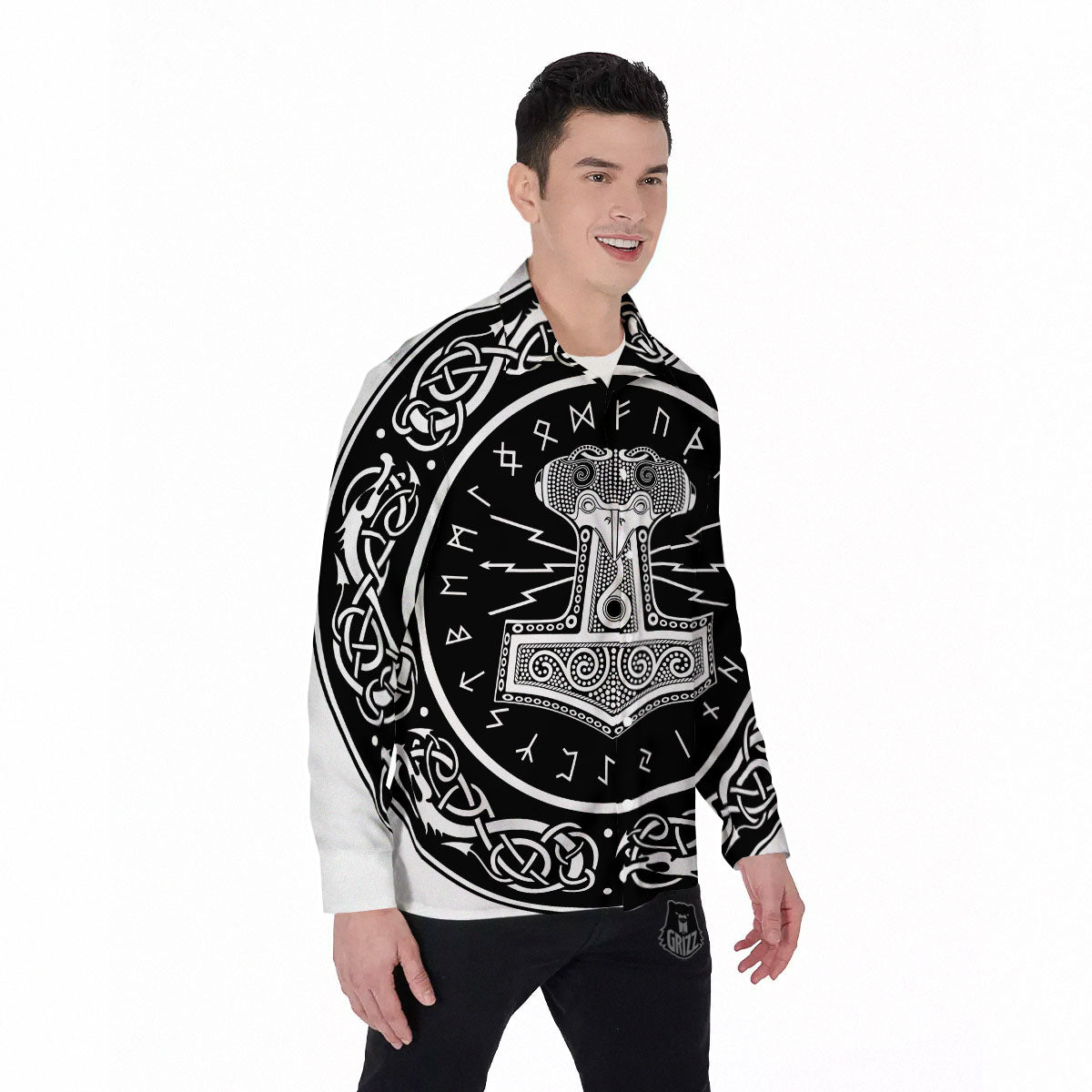 Mjolnir White And Black Print Men's Long Sleeve Shirts-grizzshop
