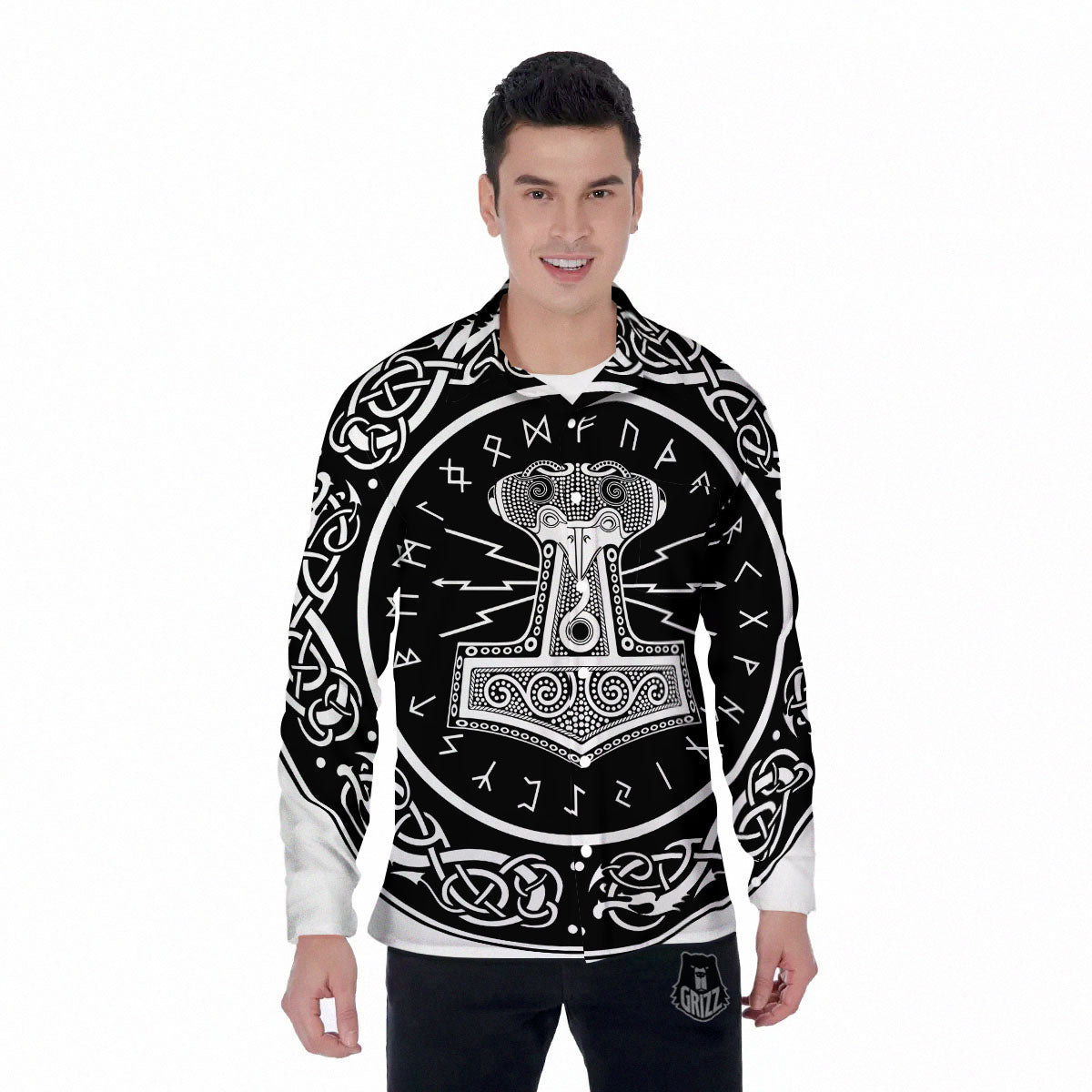 Mjolnir White And Black Print Men's Long Sleeve Shirts-grizzshop