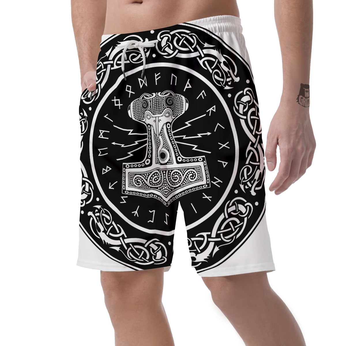 Mjolnir White And Black Print Men's Shorts-grizzshop
