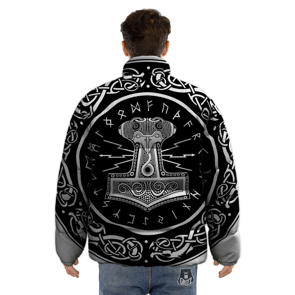 Mjolnir White And Black Print Puffer Jacket-grizzshop
