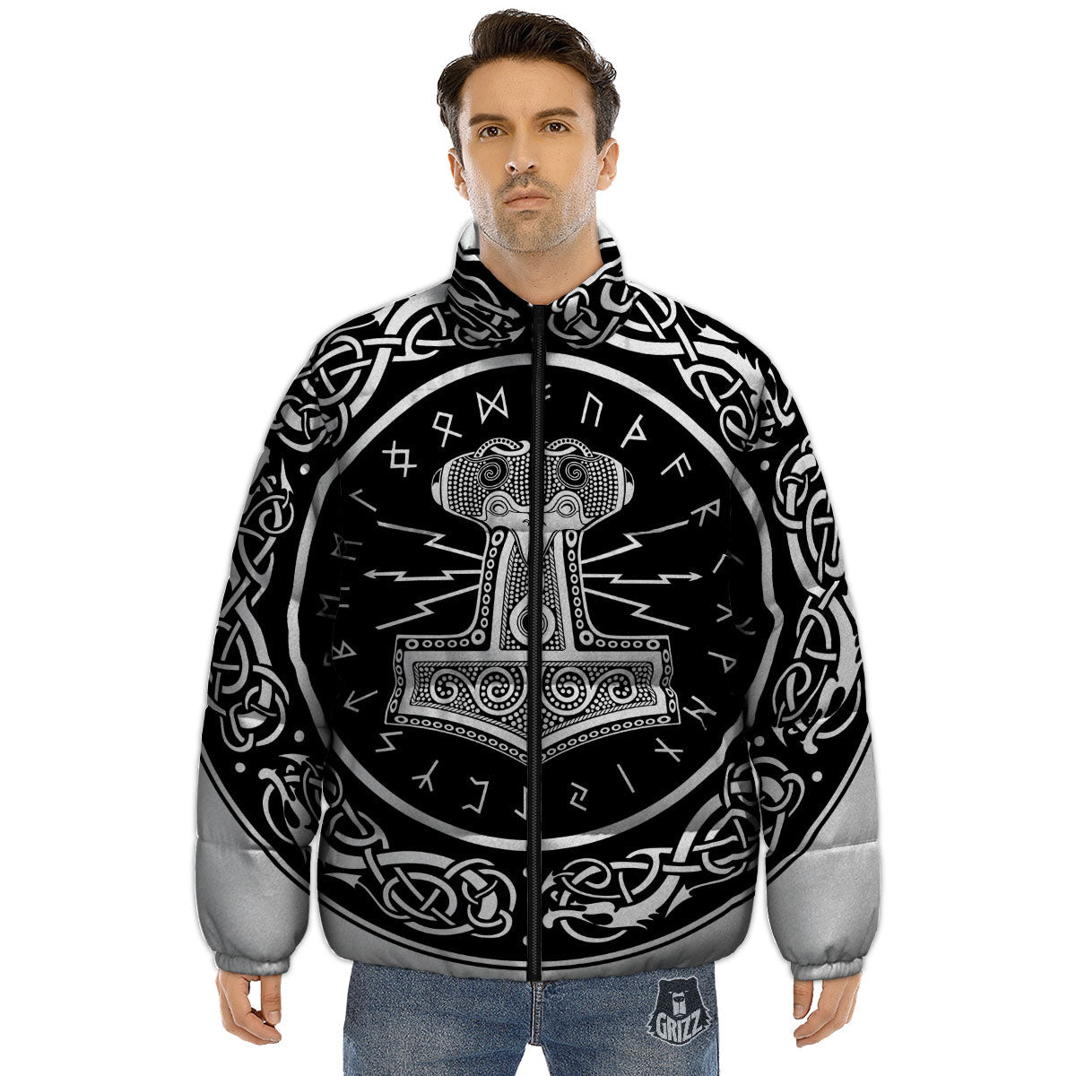 Mjolnir White And Black Print Puffer Jacket-grizzshop