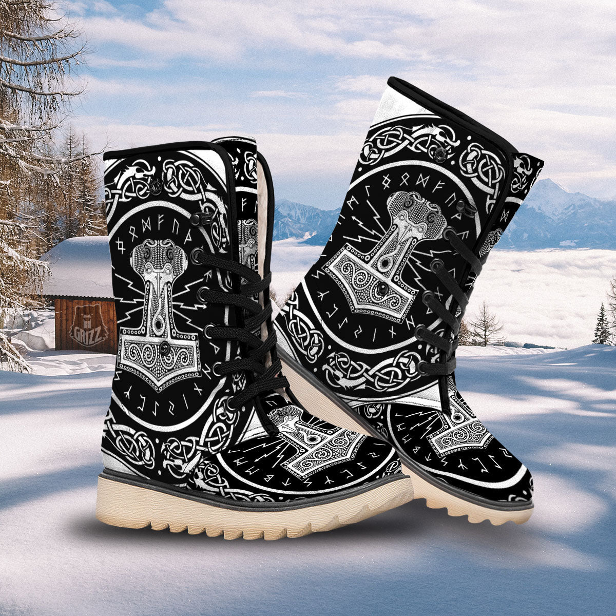 Mjolnir White And Black Print Snow Boots-grizzshop