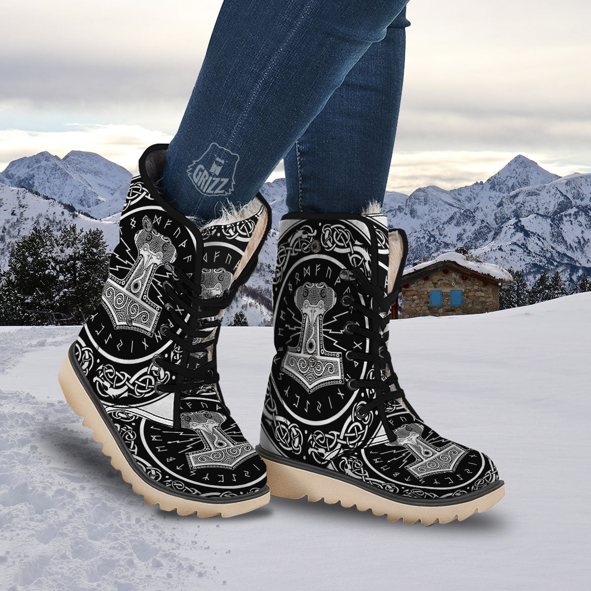 Mjolnir White And Black Print Snow Boots-grizzshop