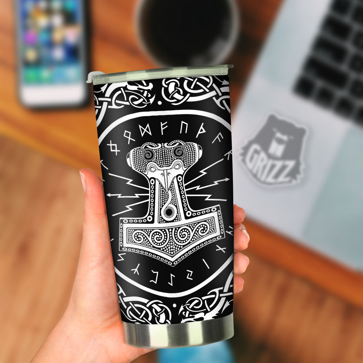 Mjolnir White And Black Print Tumbler-grizzshop