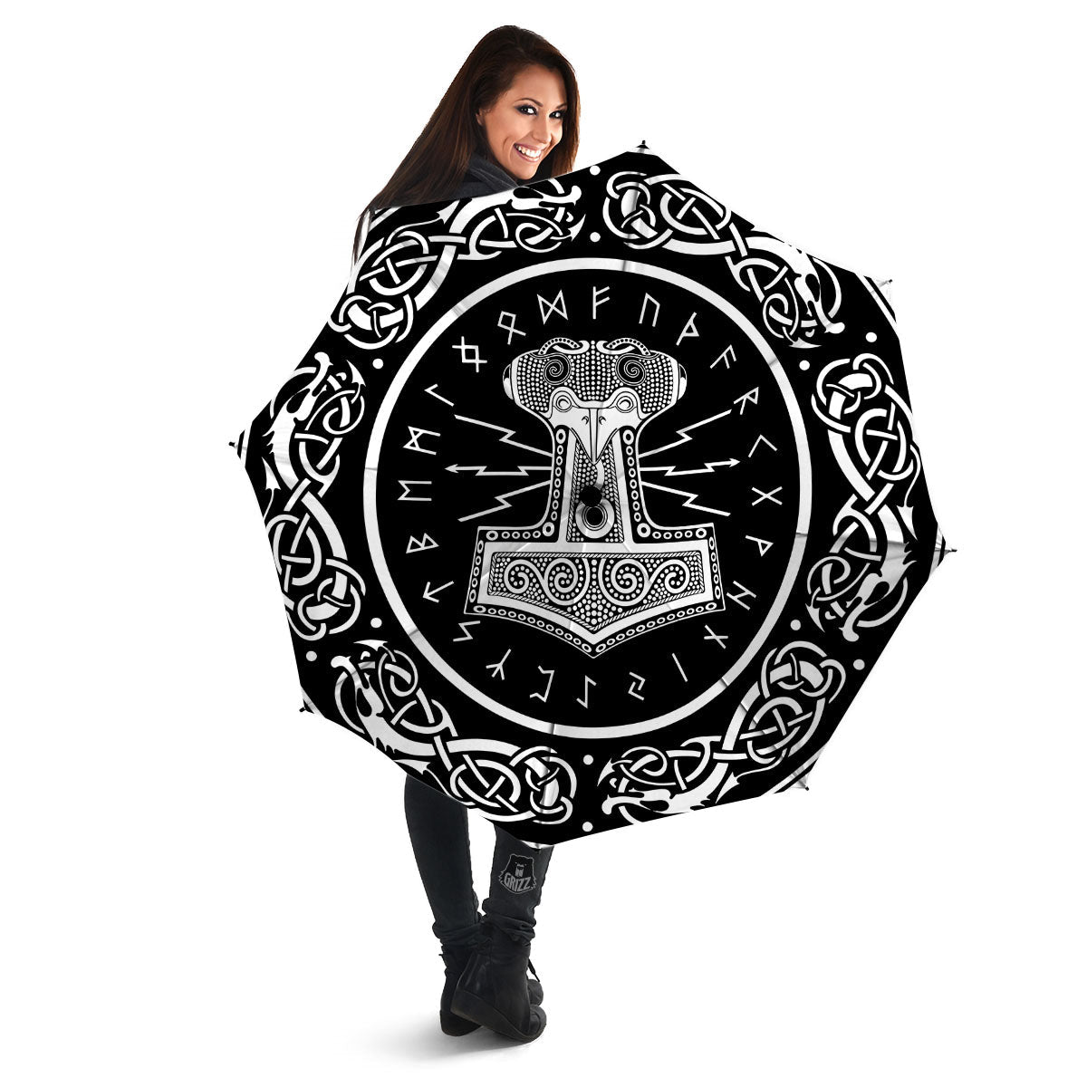 Mjolnir White And Black Print Umbrella-grizzshop