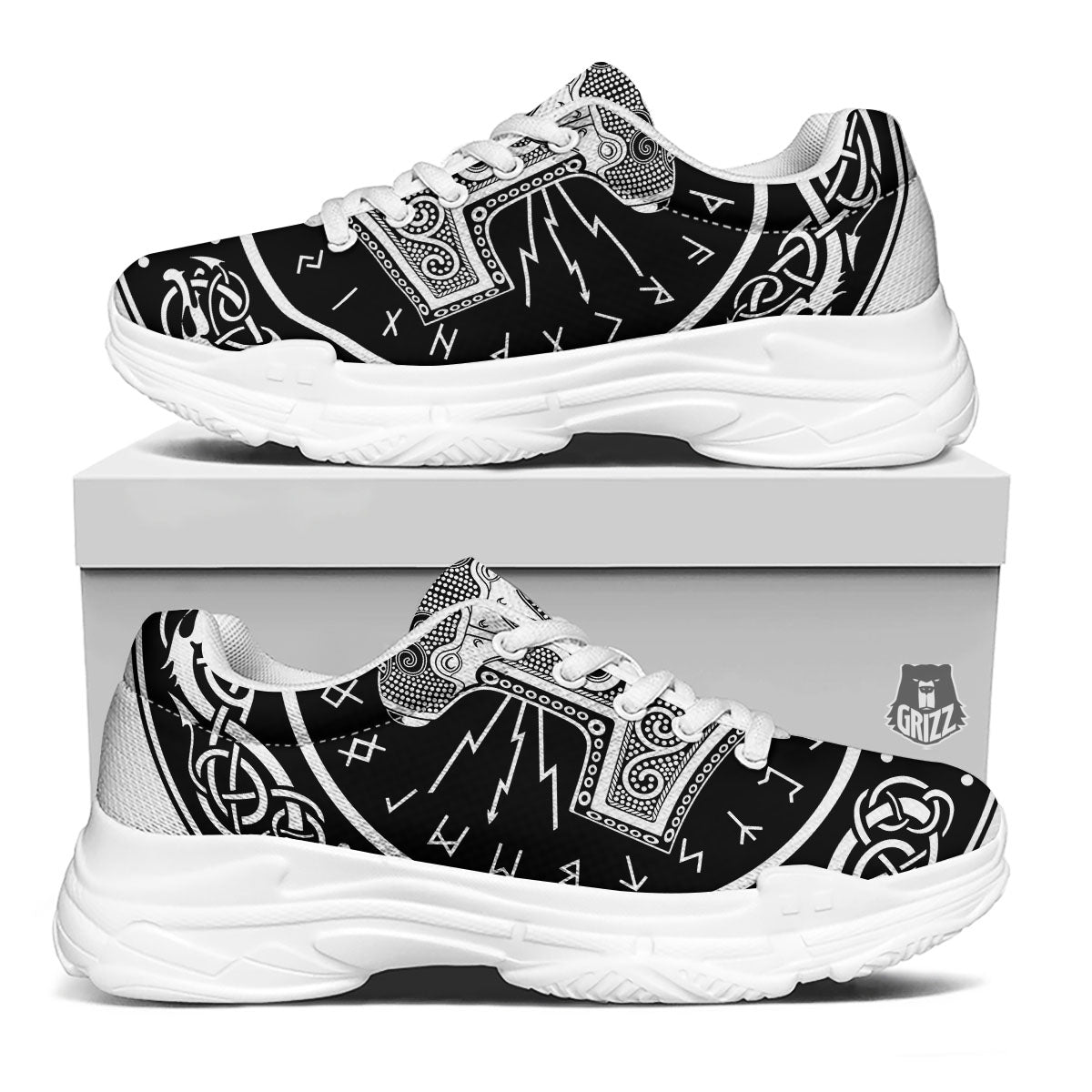 Mjolnir White And Black Print White Chunky Shoes-grizzshop