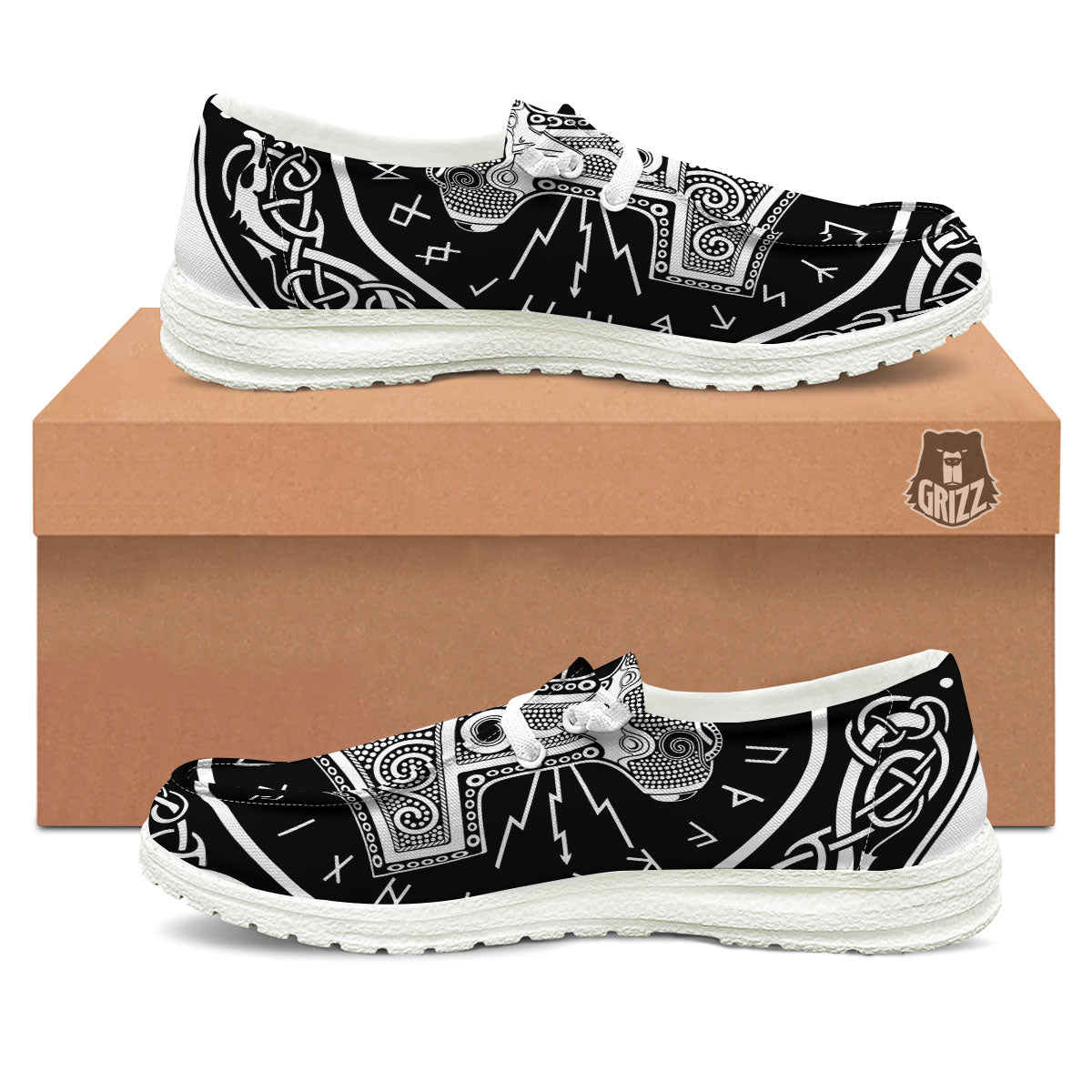 Mjolnir White And Black Print White Loafers-grizzshop