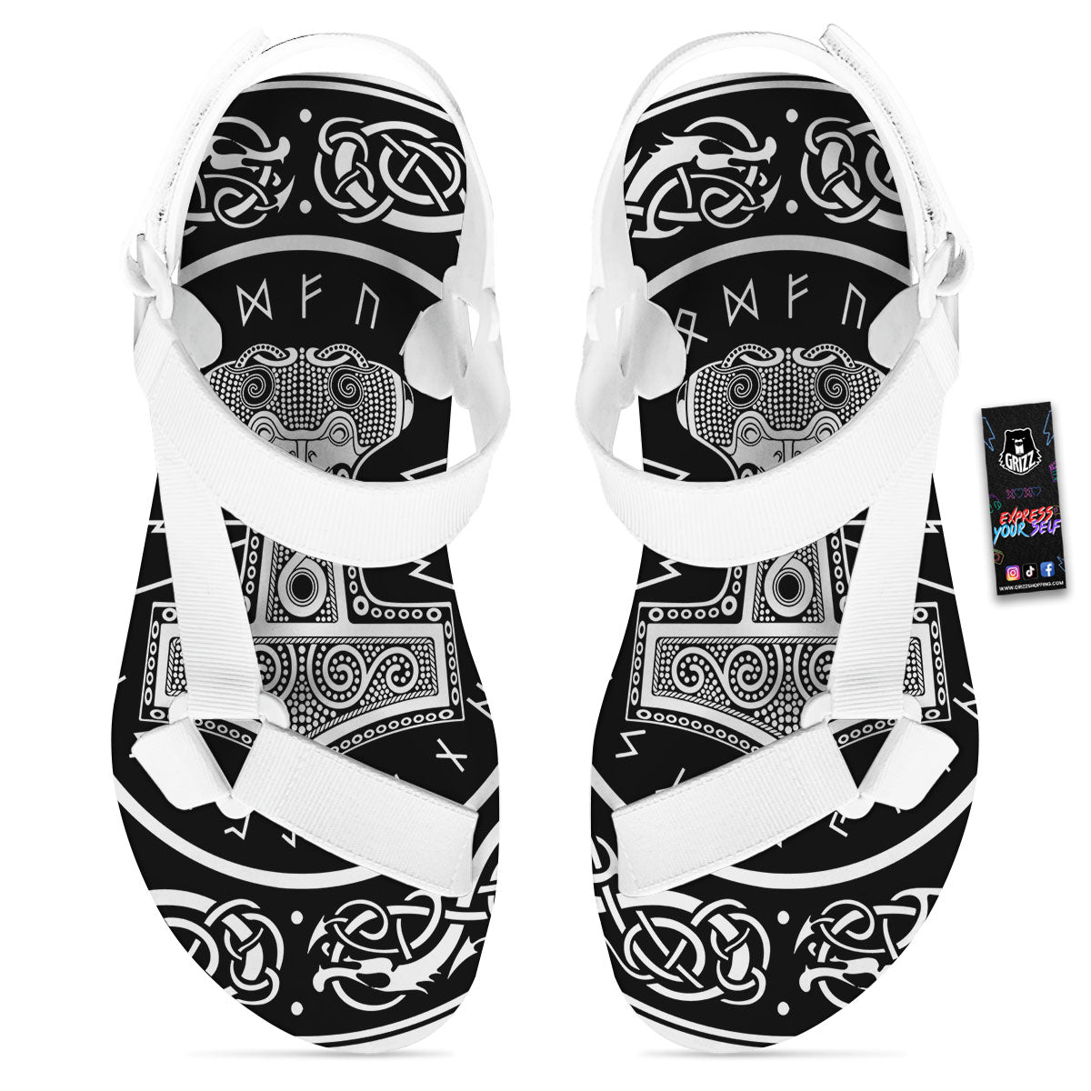 Mjolnir White And Black Print White Open Toe Sandals-grizzshop