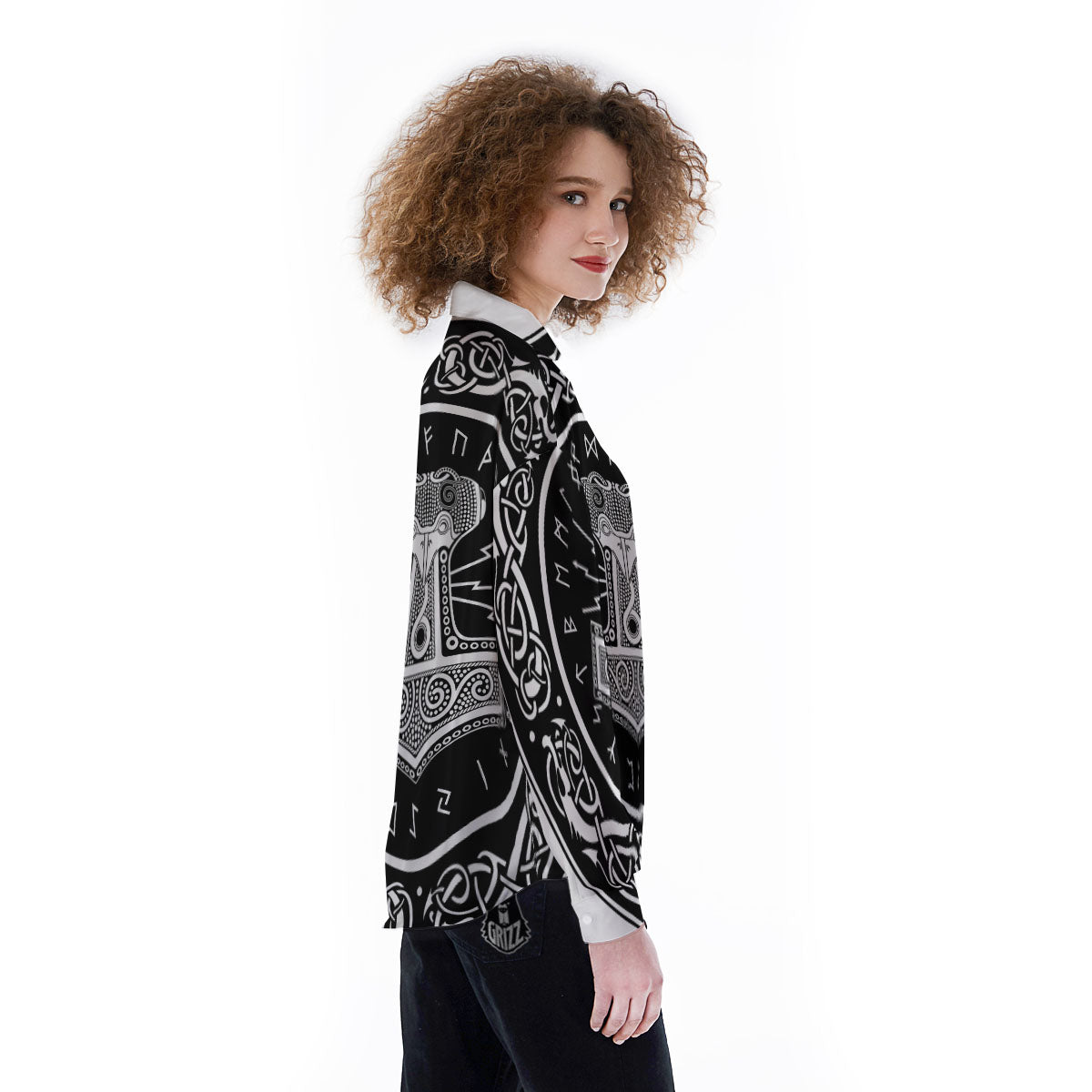 Mjolnir White And Black Print Women's Long Sleeve Shirts-grizzshop