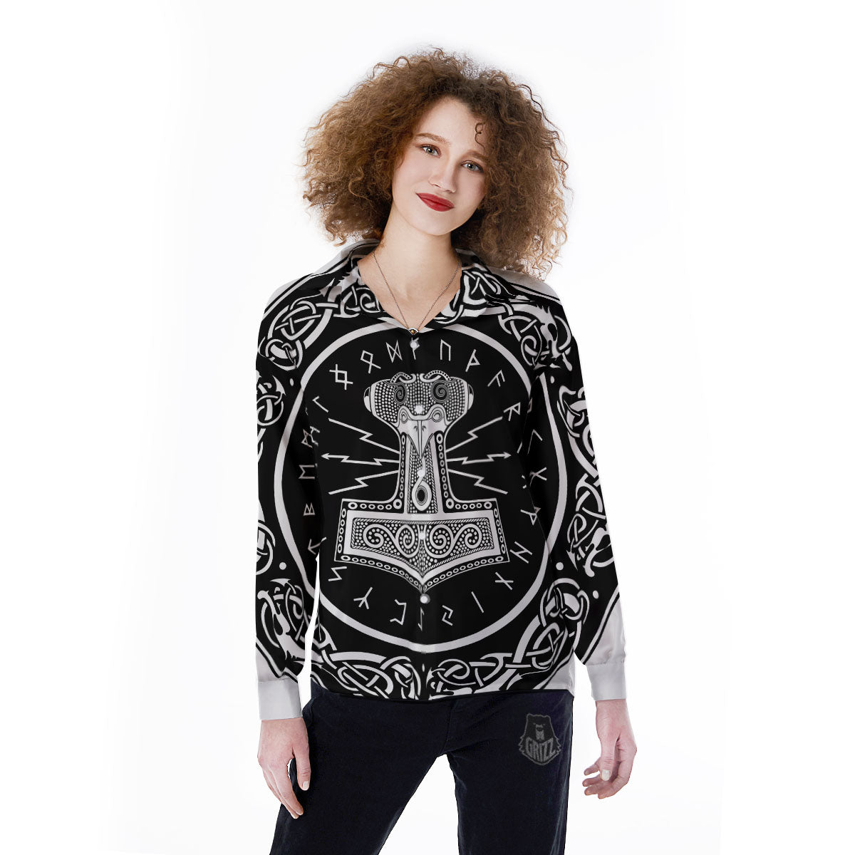 Mjolnir White And Black Print Women's Long Sleeve Shirts-grizzshop