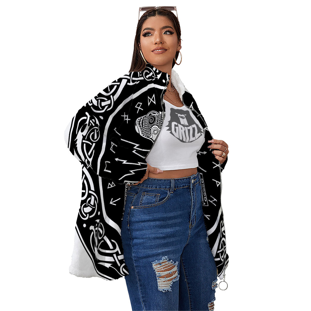Mjolnir White And Black Print Women's Sherpa Jacket-grizzshop