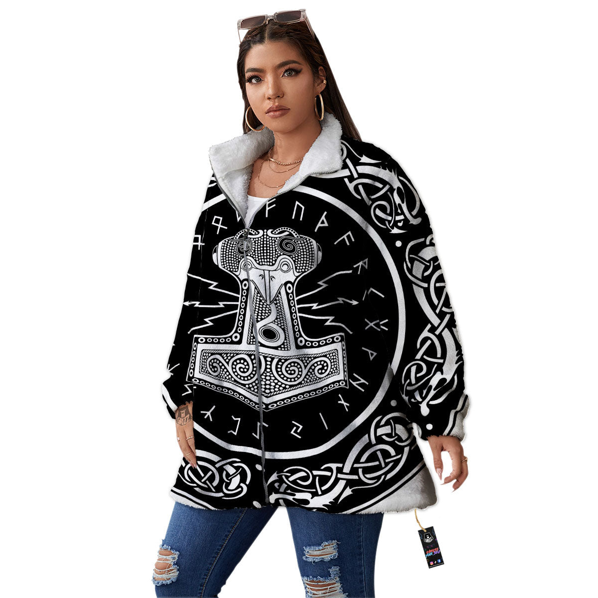 Mjolnir White And Black Print Women's Sherpa Jacket-grizzshop